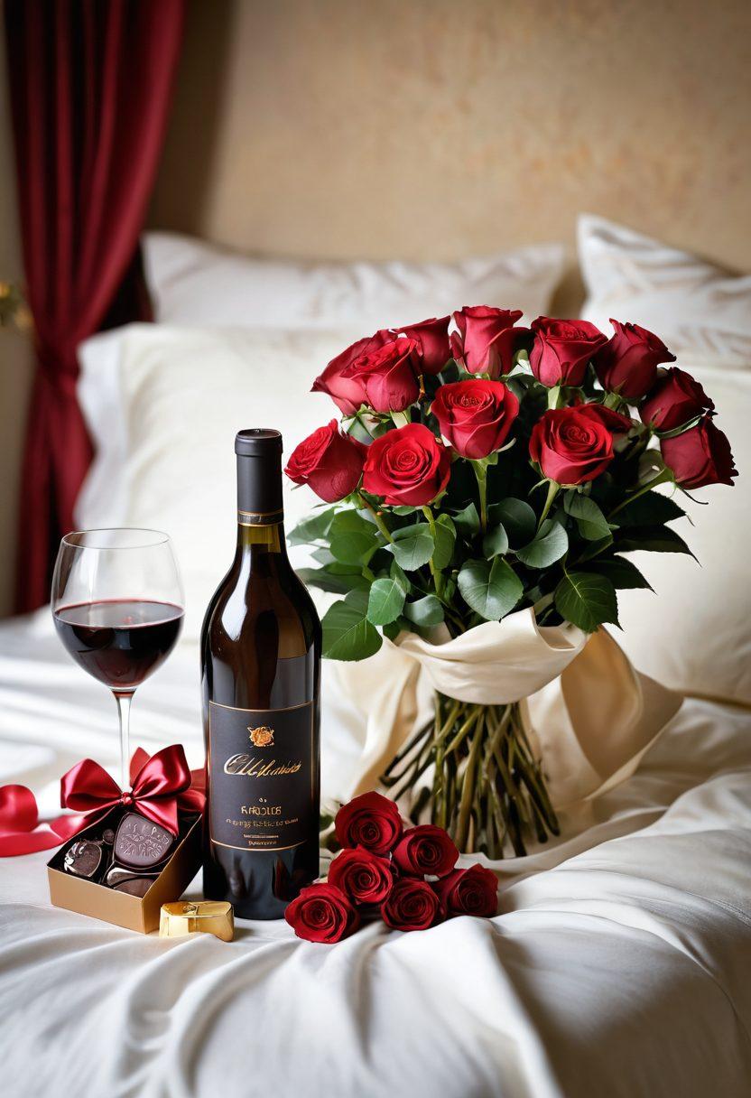 A beautifully arranged romantic gift display featuring a delicate box of chocolates, a bottle of red wine, and a bouquet of roses, all set against a softly lit backdrop with flickering candles. Include a hint of silk sheets in the background to evoke intimacy. The atmosphere should feel warm and inviting, perfect for enhancing an intimate connection. super-realistic. warm colors. soft focus.