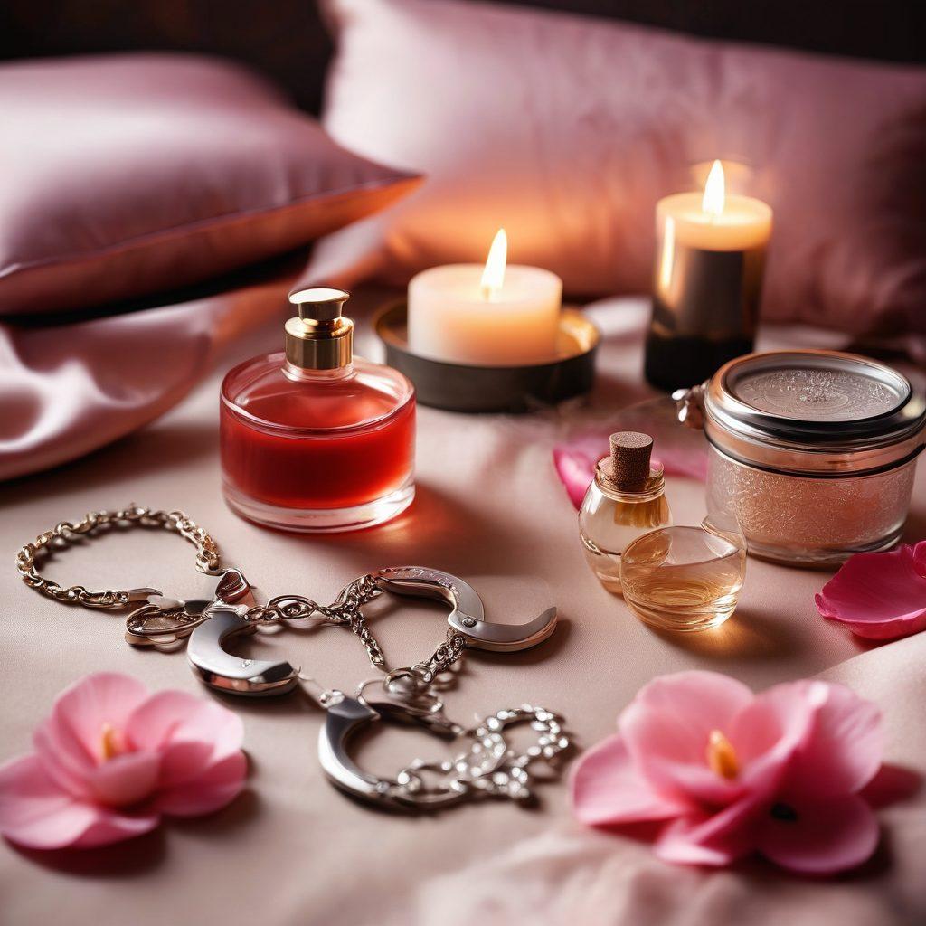 A beautifully arranged flat lay featuring various erotic accessories and sensual gifts, such as luxurious massage oils, elegant handcuffs, beautiful candles, and tasteful lingerie. Soft, warm lighting sets an intimate mood, while rose petals and delicate fabrics add a touch of romance. The background is subtly blurred to focus on the items, enhancing the sense of allure and passion. elegant style. warm colors. soft focus.