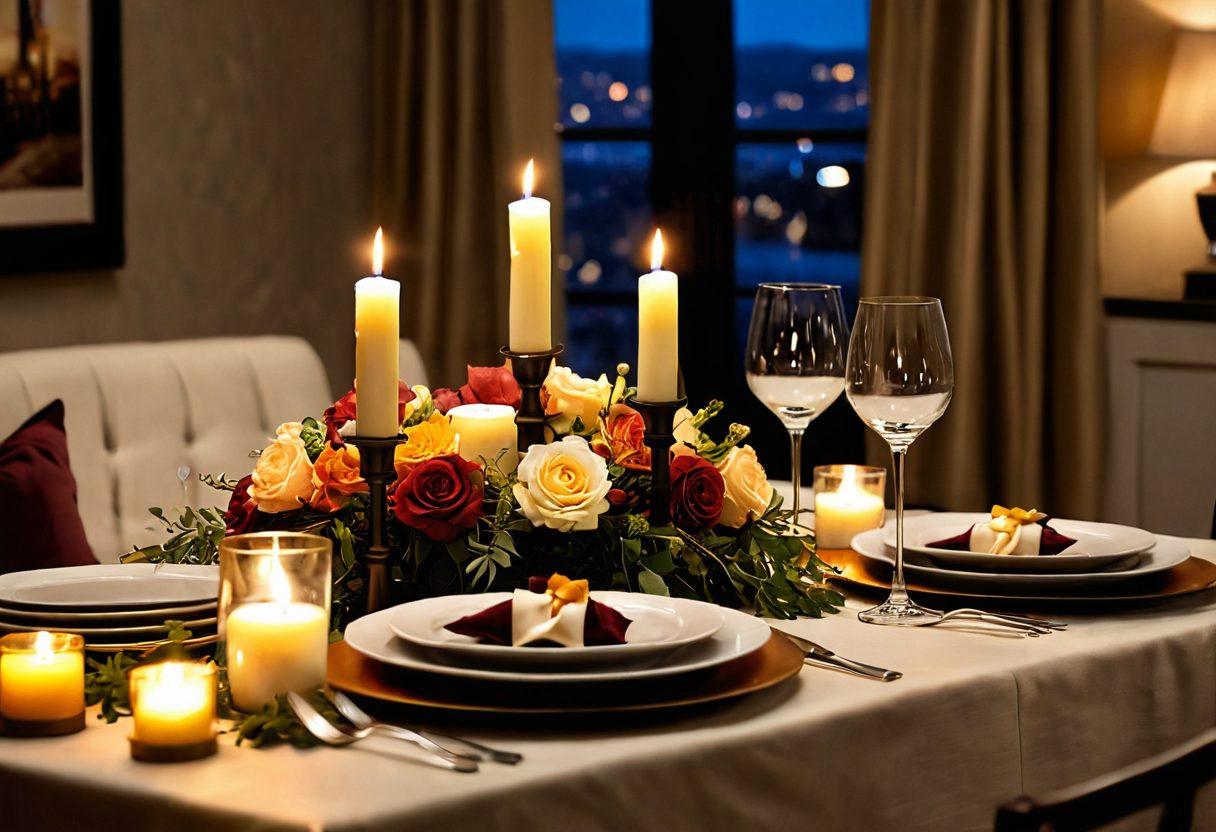 Create an inviting scene showcasing a beautifully set intimate dinner table, adorned with candles, soft ambient lighting, and fresh flowers. Include elements like a bottle of fine wine, two elegantly designed wine glasses, and luxurious dessert plates, symbolizing romance and connection. Surround the table with a cozy atmosphere featuring plush seating and subtle drapery. Use warm tones and soft focuses to evoke a sense of warmth and intimacy. super-realistic. vibrant colors. warm ambiance.